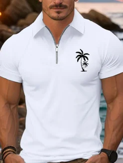 Men's Quarter Zip Polo Golf Shirt Daily Holiday Lapel Short Sleeve Fashion Basic Coconut Tree Print Summer Spring Regular Fit Black White Pink Navy Blue Light Sky Blue Quarter Zip Polo