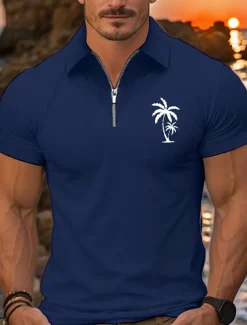 Men's Quarter Zip Polo Golf Shirt Daily Holiday Lapel Short Sleeve Fashion Basic Coconut Tree Print Summer Spring Regular Fit Black White Pink Navy Blue Light Sky Blue Quarter Zip Polo