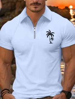 Men's Quarter Zip Polo Golf Shirt Daily Holiday Lapel Short Sleeve Fashion Basic Coconut Tree Print Summer Spring Regular Fit Black White Pink Navy Blue Light Sky Blue Quarter Zip Polo