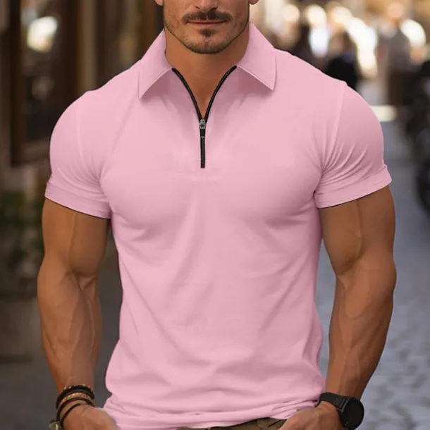 Men's Quarter Zip Polo Golf Shirt Daily Holiday Turndown Short Sleeve Fashion Basic Plain Spring & Summer Regular Fit Light Blue Black White Pink Wine Navy Blue Quarter Zip Polo