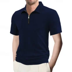 Men's Quarter Zip Polo Golf Shirt Daily Holiday Quarter Zip Short Sleeve Fashion Basic Plain Summer Regular Fit Black White Wine Navy Blue Khaki Quarter Zip Polo