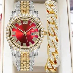 Men's Quartz Watch with Chain Bracelet Set Fashion Luxury Bling Diamond Hiphop Analog Men Quartz Wristwatch Calendar Waterproof Men's Watch