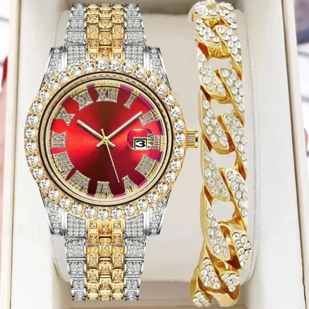 Men's Quartz Watch with Chain Bracelet Set Fashion Luxury Bling Diamond Hiphop Analog Men Quartz Wristwatch Calendar Waterproof Men's Watch