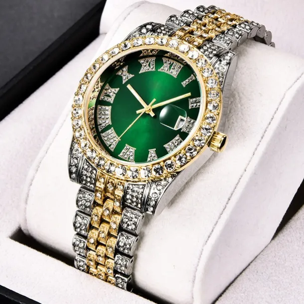 Men's Quartz Watch with Chain Bracelet Set Fashion Luxury Bling Diamond Hiphop Analog Men Quartz Wristwatch Calendar Waterproof Men's Watch