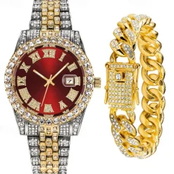 Men's Quartz Watch with Chain Bracelet Set Fashion Luxury Bling Diamond Hiphop Analog Men Quartz Wristwatch Calendar Waterproof Men's Watch