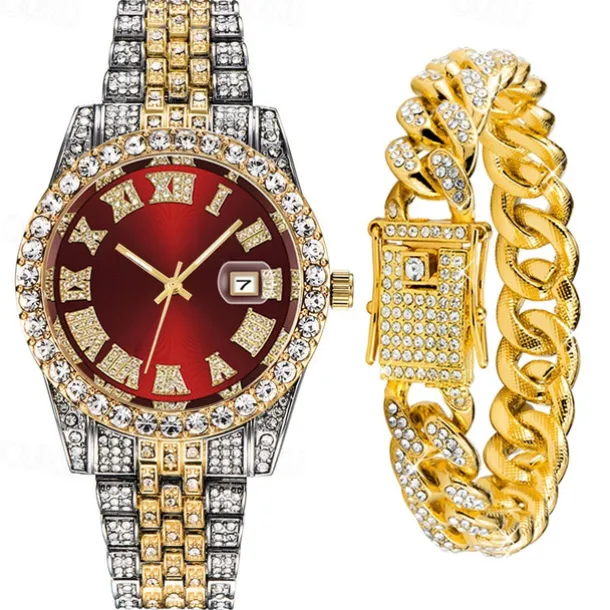 Men's Quartz Watch with Chain Bracelet Set Fashion Luxury Bling Diamond Hiphop Analog Men Quartz Wristwatch Calendar Waterproof Men's Watch