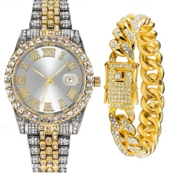 Men's Quartz Watch with Chain Bracelet Set Fashion Luxury Bling Diamond Hiphop Analog Men Quartz Wristwatch Calendar Waterproof Men's Watch