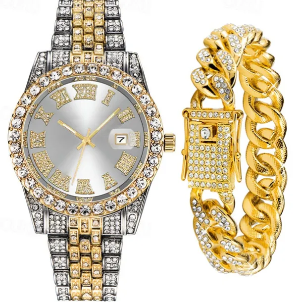 Men's Quartz Watch with Chain Bracelet Set Fashion Luxury Bling Diamond Hiphop Analog Men Quartz Wristwatch Calendar Waterproof Men's Watch