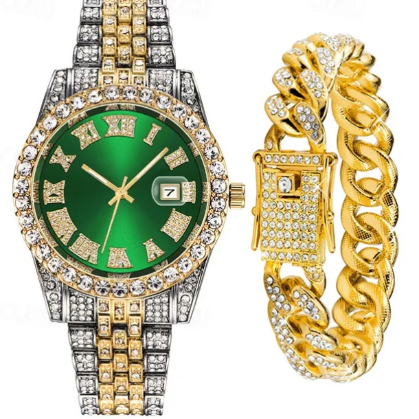 Men's Quartz Watch with Chain Bracelet Set Fashion Luxury Bling Diamond Hiphop Analog Men Quartz Wristwatch Calendar Waterproof Men's Watch