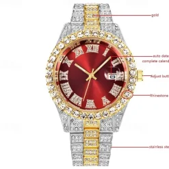 Men's Quartz Watch with Chain Bracelet Set Fashion Luxury Bling Diamond Hiphop Analog Men Quartz Wristwatch Calendar Waterproof Men's Watch