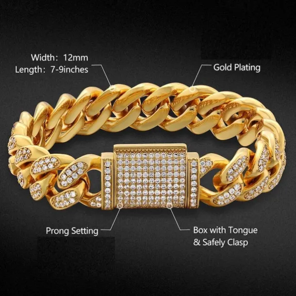 Men's Quartz Watch with Chain Bracelet Set Fashion Luxury Bling Diamond Hiphop Analog Men Quartz Wristwatch Calendar Waterproof Men's Watch