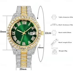 Men's Quartz Watch with Chain Bracelet Set Fashion Luxury Bling Diamond Hiphop Analog Men Quartz Wristwatch Calendar Waterproof Men's Watch