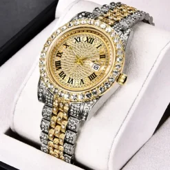 Men's Quartz Watch with Chain Bracelet Set Fashion Luxury Bling Diamond Hiphop Analog Men Quartz Wristwatch Calendar Waterproof Men's Watch