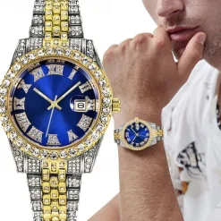 Men's Quartz Watch with Chain Bracelet Set Fashion Luxury Bling Diamond Hiphop Analog Men Quartz Wristwatch Calendar Waterproof Men's Watch