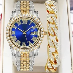 Men's Quartz Watch with Chain Bracelet Set Fashion Luxury Bling Diamond Hiphop Analog Men Quartz Wristwatch Calendar Waterproof Men's Watch