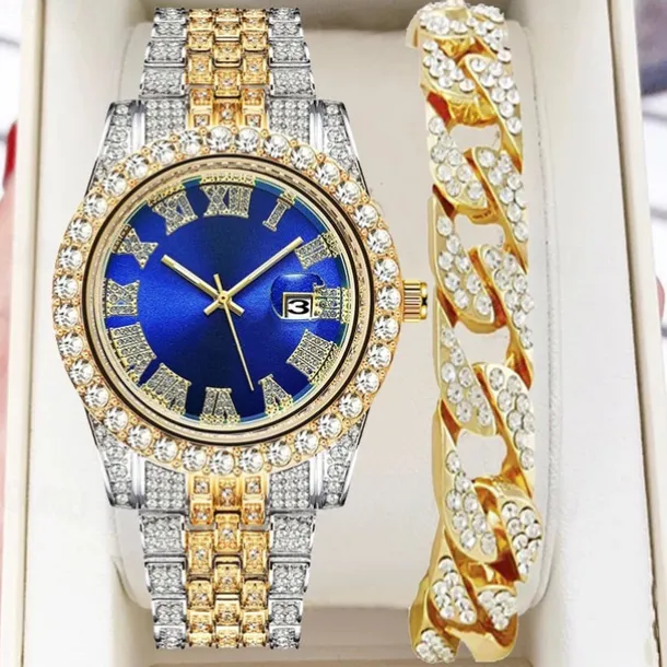 Men's Quartz Watch with Chain Bracelet Set Fashion Luxury Bling Diamond Hiphop Analog Men Quartz Wristwatch Calendar Waterproof Men's Watch