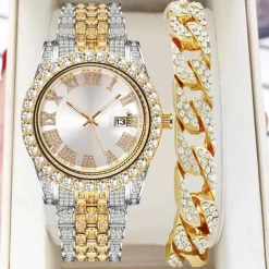 Men's Quartz Watch with Chain Bracelet Set Fashion Luxury Bling Diamond Hiphop Analog Men Quartz Wristwatch Calendar Waterproof Men's Watch