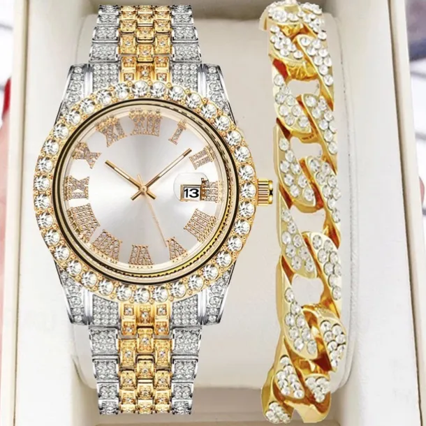 Men's Quartz Watch with Chain Bracelet Set Fashion Luxury Bling Diamond Hiphop Analog Men Quartz Wristwatch Calendar Waterproof Men's Watch