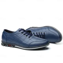 Men's Quilted Blue Faux Leather Sneakers - Stylish Lace-Up Casual Shoes with Durable Sole for Daily Wear and Outdoor Activities