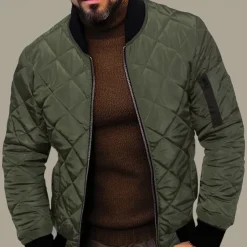 Men's Quilted Jacket Transition Jacket Going out Pocket Spring & Fall Plain Streetwear Standing Collar Regular Black Wine Blue Red Army Green Jacket