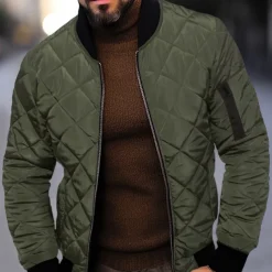 Men's Quilted Jacket Transition Jacket Going out Pocket Spring & Fall Plain Streetwear Standing Collar Regular Black Wine Blue Red Army Green Jacket