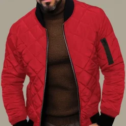 Men's Quilted Jacket Transition Jacket Going out Pocket Spring & Fall Plain Streetwear Standing Collar Regular Black Wine Blue Red Army Green Jacket