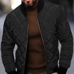 Men's Quilted Jacket Transition Jacket Going out Pocket Spring & Fall Plain Streetwear Standing Collar Regular Black Wine Blue Red Army Green Jacket