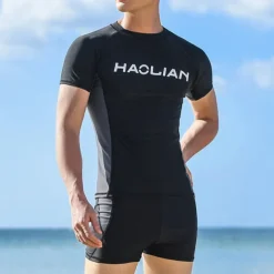 Men's Rash guard Swimsuit UPF50+ Quick Dry Short Sleeve Swimwear Bathing Suit 2 Piece Swimming Surfing Patchwork Summer