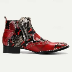 Men's Red & Black Snakeskin Leather Ankle Boots with Metallic Toe Cap and Side Zipper – Premium Cowhide Statement Footwear with Stud Accents