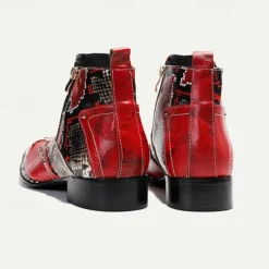 Men's Red & Black Snakeskin Leather Ankle Boots with Metallic Toe Cap and Side Zipper – Premium Cowhide Statement Footwear with Stud Accents