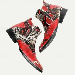 Men's Red & Black Snakeskin Leather Ankle Boots with Metallic Toe Cap and Side Zipper – Premium Cowhide Statement Footwear with Stud Accents