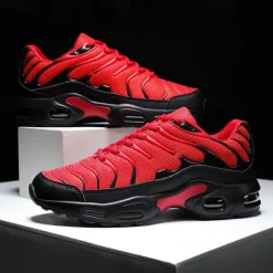 Men's Red Air-Cushion Running Sneakers – Breathable Mesh Athletic Shoes with Shock Absorption for Gym, Training & Daily Sportswear