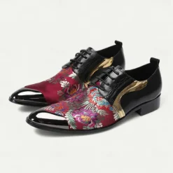 Men's Red and Purple Floral Patterned Leather Oxford Shoes with Gold Tip Lace-up Design–Elegant, Fashion-forward, Ideal for Formal Occasions and Parties