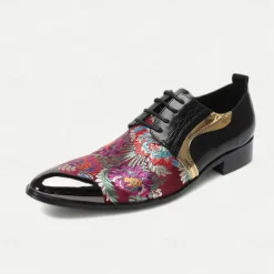 Men's Red and Purple Floral Patterned Leather Oxford Shoes with Gold Tip Lace-up Design–Elegant, Fashion-forward, Ideal for Formal Occasions and Parties