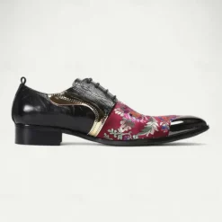 Men's Red and Purple Floral Patterned Leather Oxford Shoes with Gold Tip Lace-up Design–Elegant, Fashion-forward, Ideal for Formal Occasions and Parties