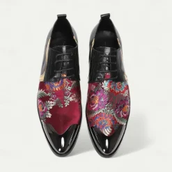 Men's Red and Purple Floral Patterned Leather Oxford Shoes with Gold Tip Lace-up Design–Elegant, Fashion-forward, Ideal for Formal Occasions and Parties