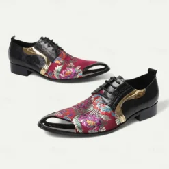 Men's Red and Purple Floral Patterned Leather Oxford Shoes with Gold Tip Lace-up Design–Elegant, Fashion-forward, Ideal for Formal Occasions and Parties