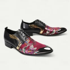 Men's Red and Purple Floral Patterned Leather Oxford Shoes with Gold Tip Lace-up Design–Elegant, Fashion-forward, Ideal for Formal Occasions and Parties