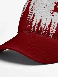 Men's Red and White Forest Deer Print Baseball Cap – Adjustable Casual Outdoor Hat for Nature Lovers