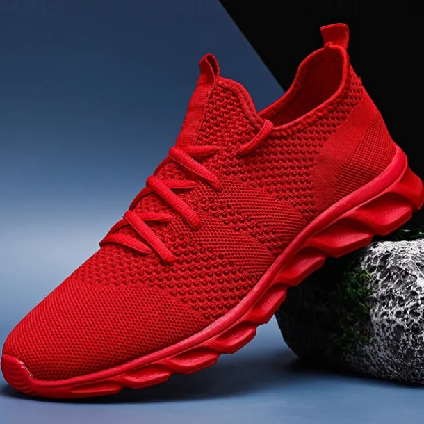 Men's Red Breathable Knit Sneakers - Lightweight Running Shoes with Cushioned Sole for Sports and Casual Wear