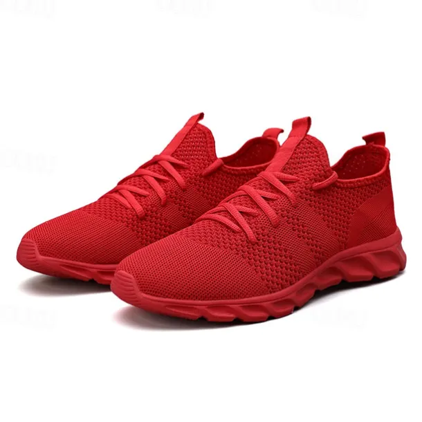 Men's Red Breathable Knit Sneakers - Lightweight Running Shoes with Cushioned Sole for Sports and Casual Wear
