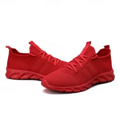 Men's Red Breathable Knit Sneakers - Lightweight Running Shoes with Cushioned Sole for Sports and Casual Wear