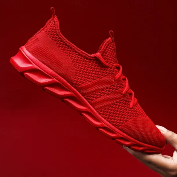 Men's Red Breathable Knit Sneakers - Lightweight Running Shoes with Cushioned Sole for Sports and Casual Wear
