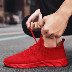 Men's Red Breathable Knit Sneakers - Lightweight Running Shoes with Cushioned Sole for Sports and Casual Wear