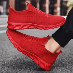 Men's Red Breathable Knit Sneakers - Lightweight Running Shoes with Cushioned Sole for Sports and Casual Wear