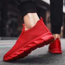 Men's Red Breathable Knit Sneakers - Lightweight Running Shoes with Cushioned Sole for Sports and Casual Wear