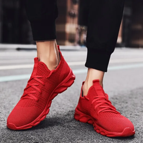 Men's Red Breathable Knit Sneakers - Lightweight Running Shoes with Cushioned Sole for Sports and Casual Wear