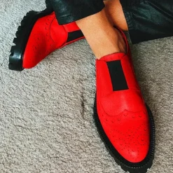 Men's Red Brogue Faux Leather Slip-On Shoes - Vintage Design with Elastic Gussets and Rugged Sole for Formal and Casual Occasions