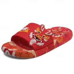 Men's Red Dragon Print Slide Sandals with 3D Dragon Design, Casual Style for Summer and Festivals