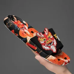 Men's Red Dragon Print Slide Sandals with 3D Dragon Design, Casual Style for Summer and Festivals